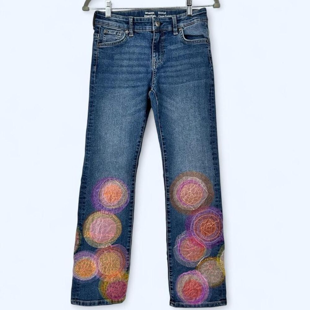 Bohemian Upcycled Spiral Embroidered Patchwork Medium Wash Denim Bootcut Jeans